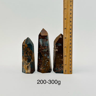 Apatite on Lions Eye Jasper Polished Crystal Point - By Weight - next to a ruler for size reference 