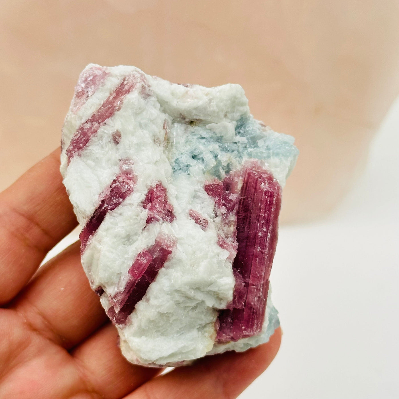 Natural Pink Tourmaline Crystal with Aquamarine on Matrix