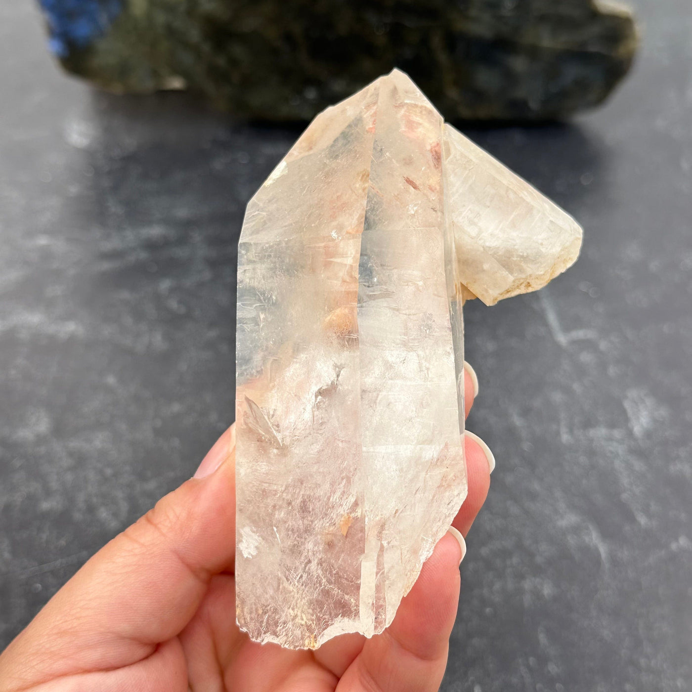 close up of the details on this lemurian crystal