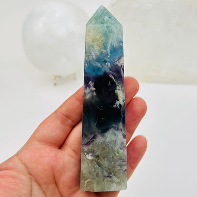 fluorite point in hand for size reference 