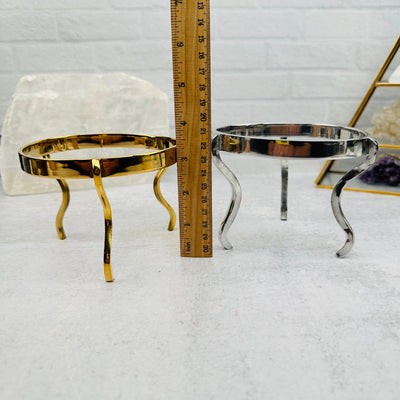 Crystal Stand Round Tripod- Choose Gold Brass or Silver Aluminum next to a ruler for size reference 