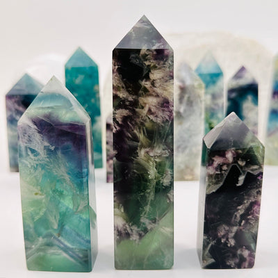 Rainbow Feathered Fluorite Crystal Polished Point Towers