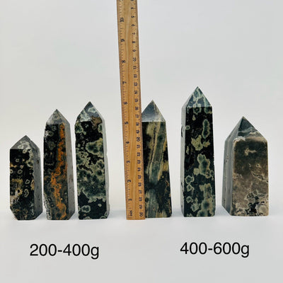 Green Sea Jasper Obelisk Crystal Point - By Weight - next to ruler for size reference 