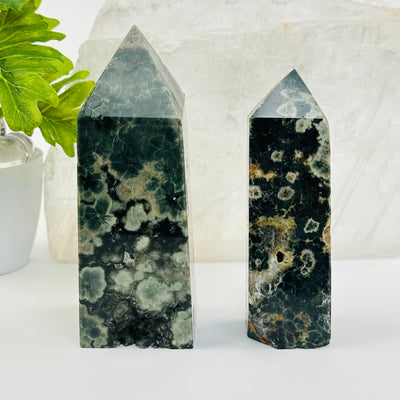 Green Sea Jasper Obelisk Crystal Points displayed as home decor