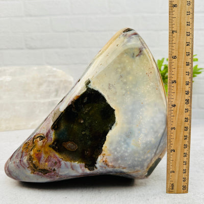  Ocean Jasper Large Tumbled Stone next to a ruler for size reference 
