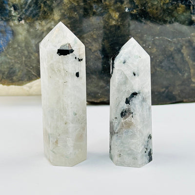 Rainbow Moonstone Polished Crystal Points displayed as home decor 