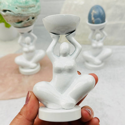 Crystal Stand - White Aluminum Yoga Goddess Figure in hand for size reference 