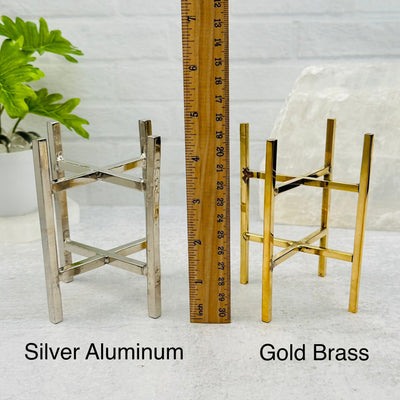 Crystal Sphere Stand - 4 Legged - Choose Gold Brass or Silver Aluminum next to a ruler for size reference 