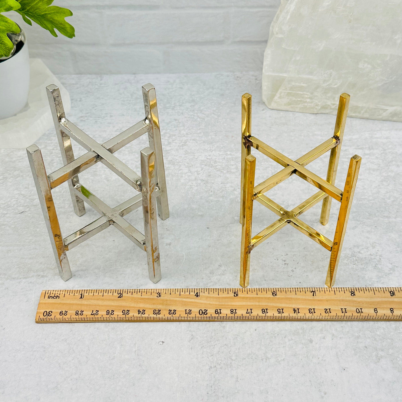 Crystal Sphere Stand - 4 Legged - Choose Gold Brass or Silver Aluminum next to a ruler for size reference 