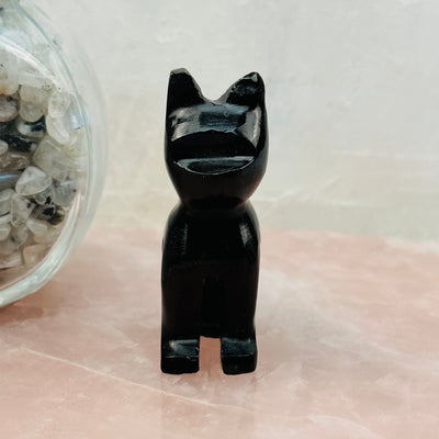 Black Onyx Gemstone Cat - Crystal Cat - Halloween - displayed as home decor 