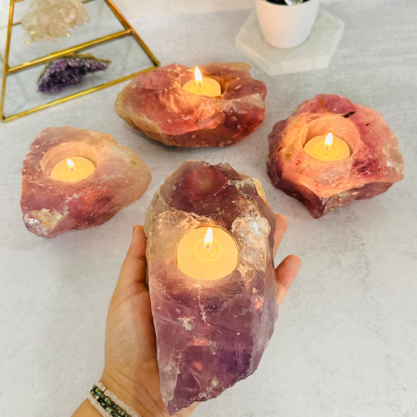 Rough Amethyst Candle Holder - Crystal Decor - in hand for size reference 