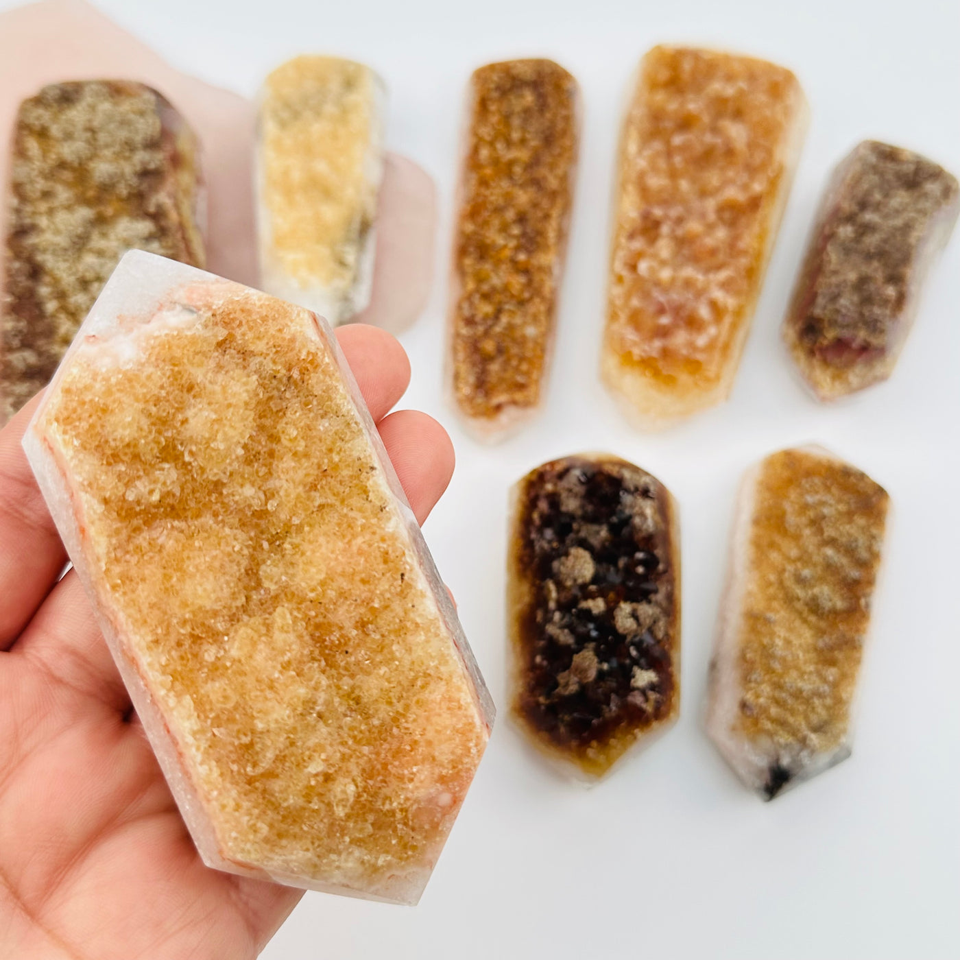 Double Terminated Citrine Crystal Point in hand for size reference 