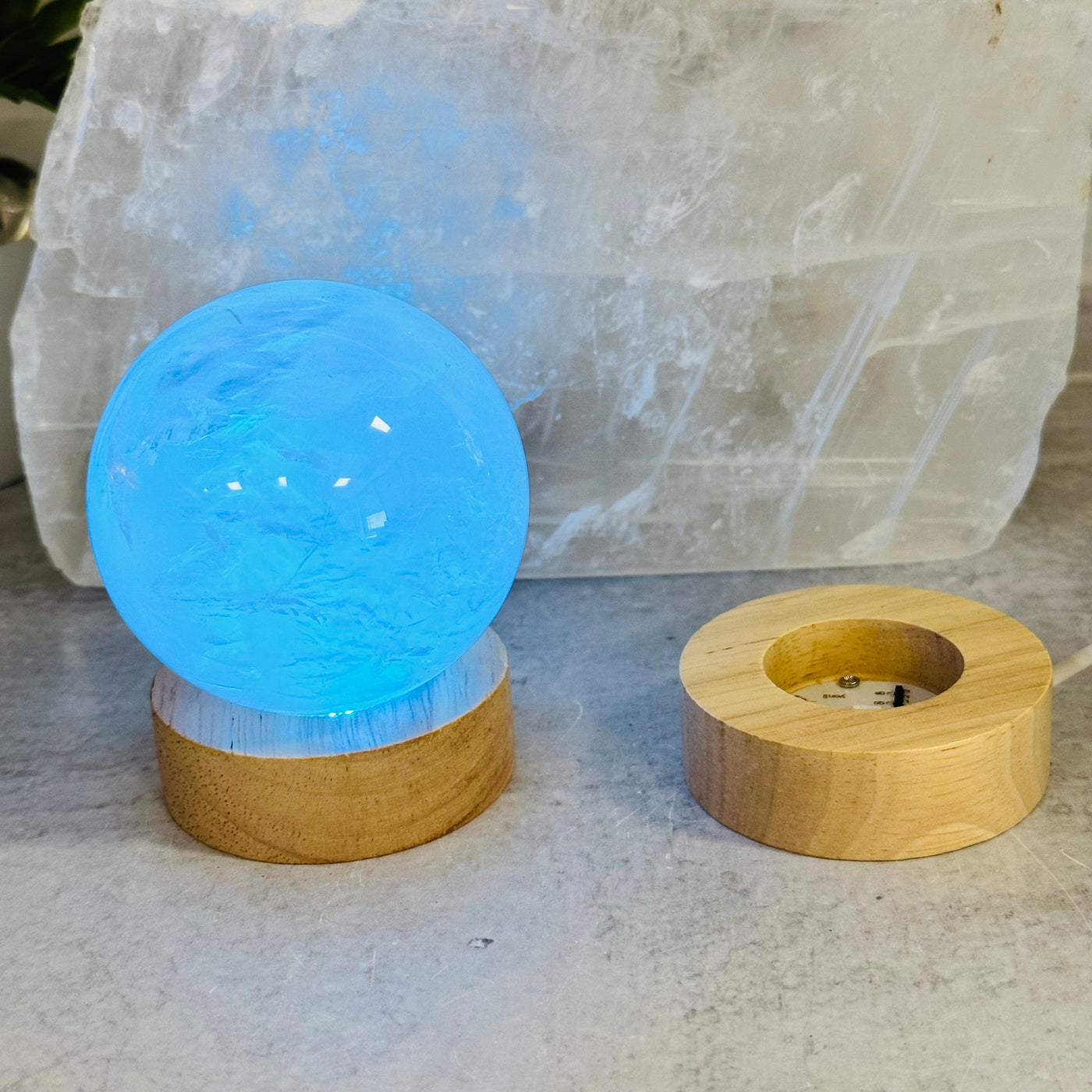 Wooden Crystal Sphere Stand Lamp - Color Changing - displayed as home decor 