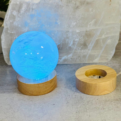 Wooden Crystal Sphere Stand Lamp - Color Changing - displayed as home decor 
