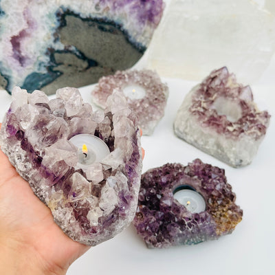 Amethyst Cluster Candle Holder - B Grade - in hand for size reference 