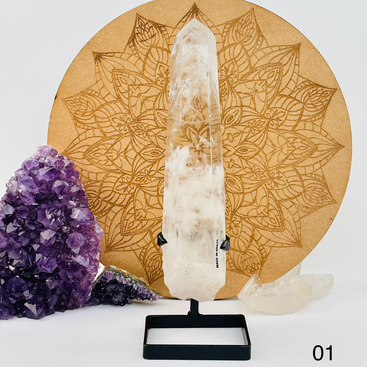 Crystal Quartz Point with Phantoms on Stand displayed as home decor. option 01 shown