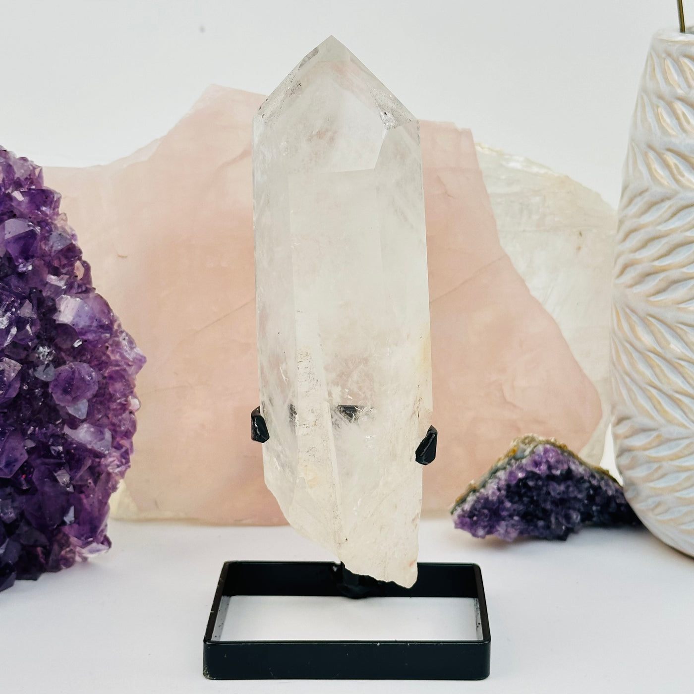 Crystal Quartz Point with Phantoms on Stand displayed as home decor. option 03 shown.