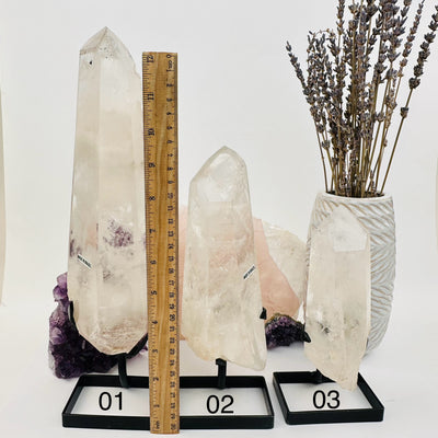 Crystal Quartz Point with Phantoms on Stands displayed next to a ruler for size reference 