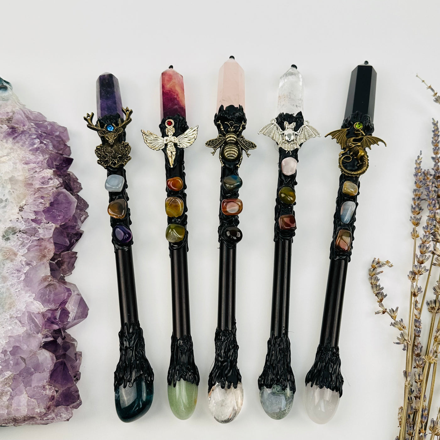 multiple wands displayed to show the differences in the crystal types 