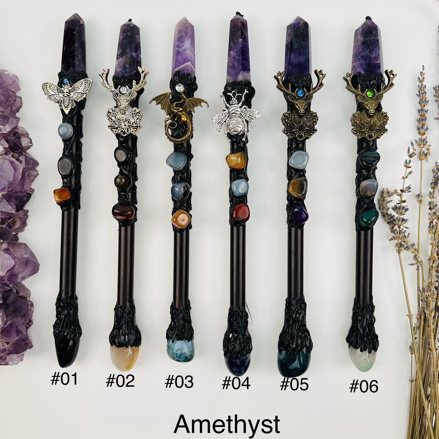 Crystal Point Wands available with an amethyst crystal point. options #01-#06 displayed. you choose your favorite one