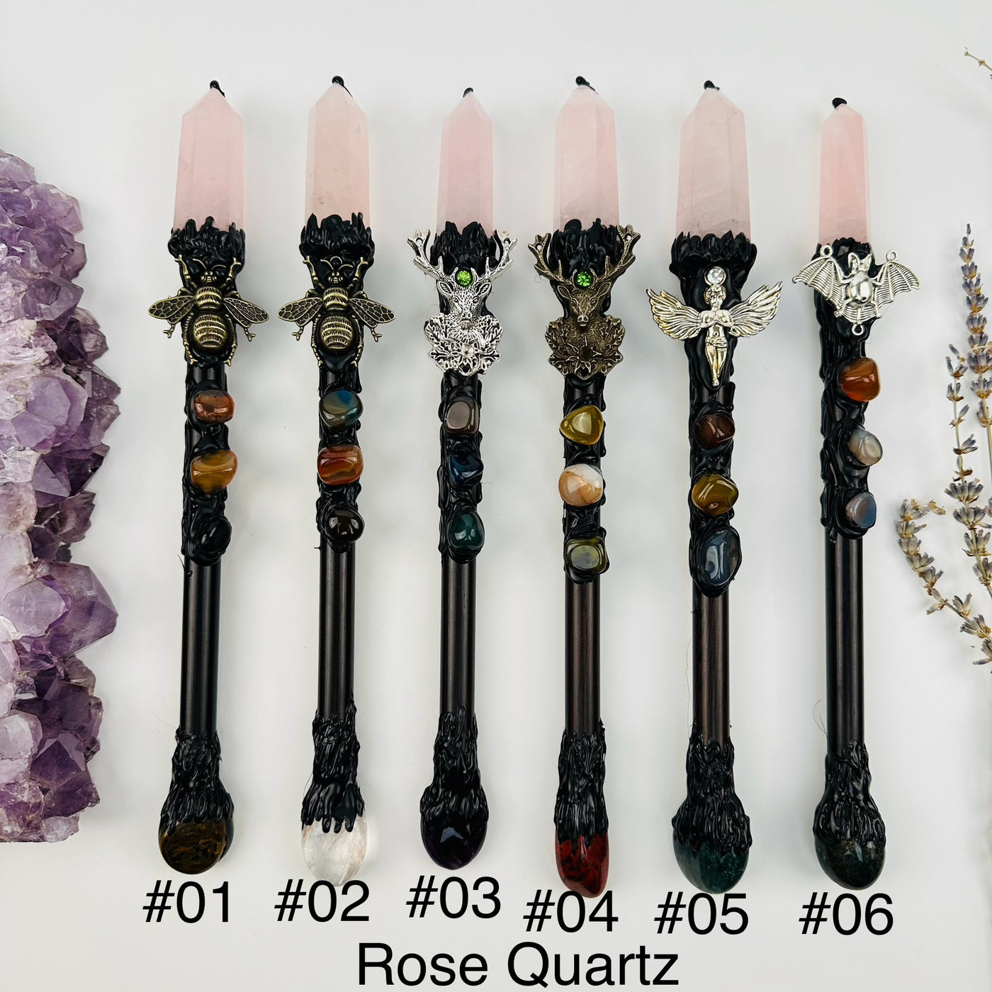 Crystal Wands available with a rose quartz crystal point. options #01-#06 displayed. you choose your favorite one