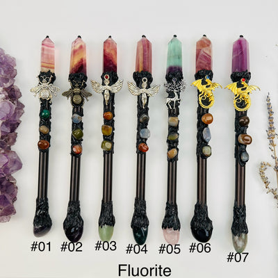 Crystal Wands available with a fluorite crystal point. options #01-#07 displayed. you choose your favorite one