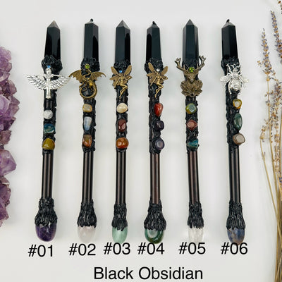 Crystal Wands available with a black obsidian crystal point. options #01-#06 displayed. you choose your favorite one