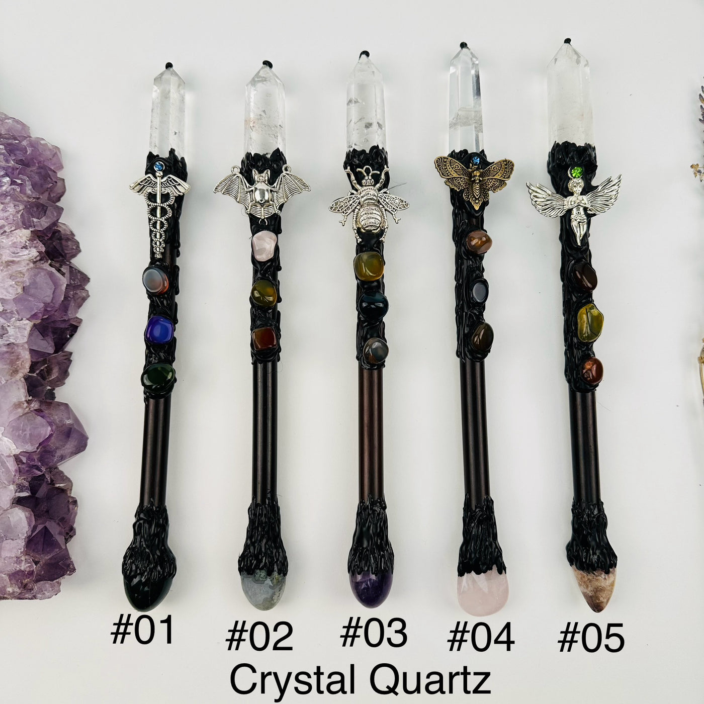 Crystal Wands available with a crystal quartz crystal point. options #01-#05 displayed. you choose your favorite one