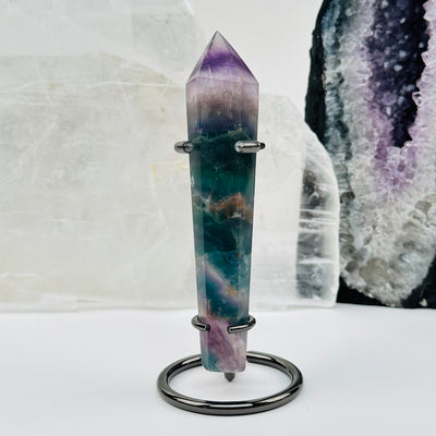 close up of the fluorite wand on stand. displayed as home decor