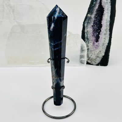 close up of the sodalite crystal wand. displayed as home decor