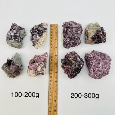 lepidolite unicorn crystal clusters are sold by weight. displayed next to a ruler for size reference