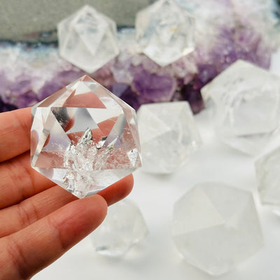 close up of the details on this crystal quartz icosahedron 