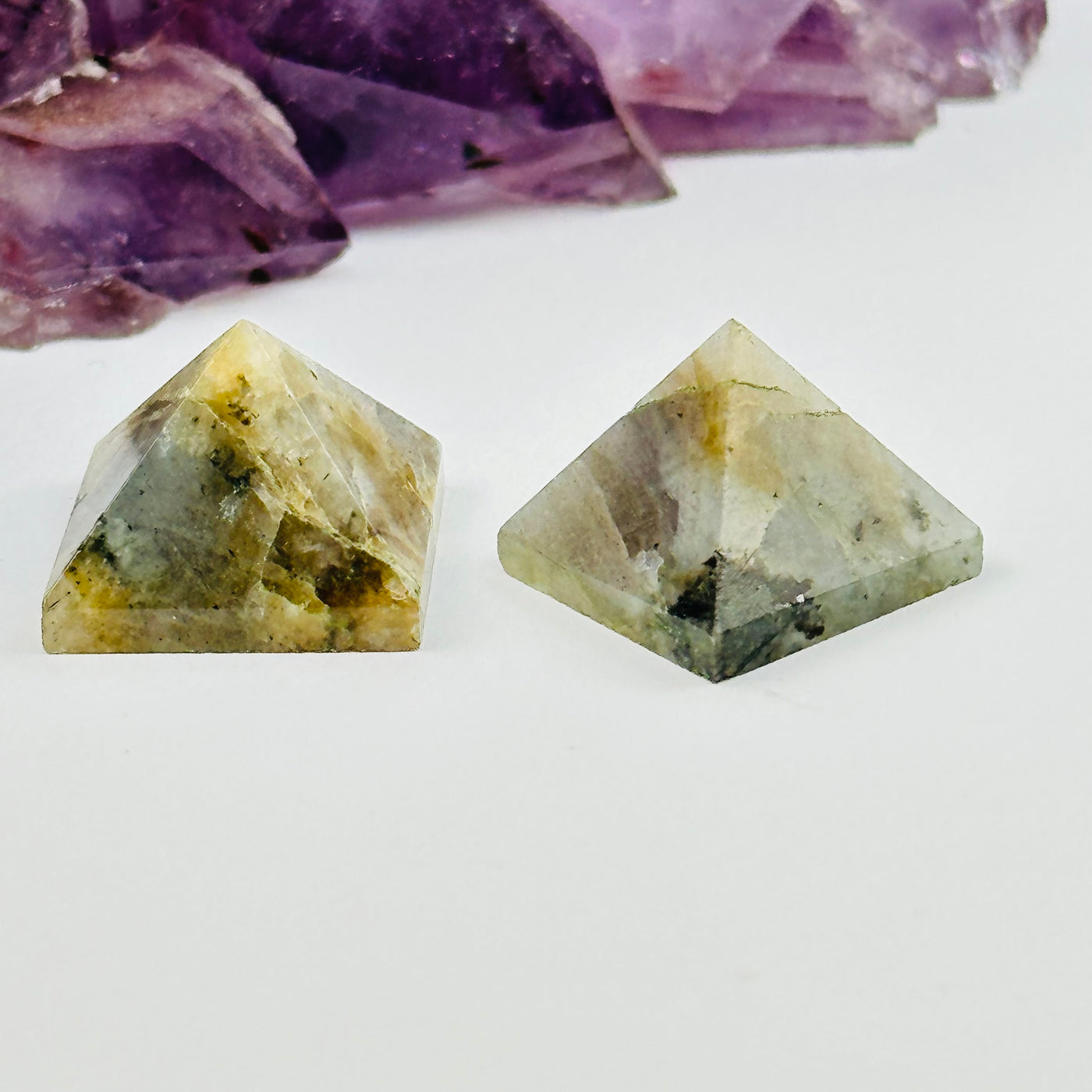 labradorite pyramids displayed as home decor