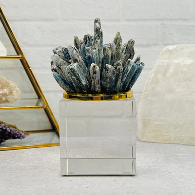 Blue Kyanite Pinecone on Glass Base displayed as home decor 