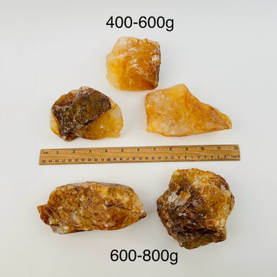 golden healer crystals sold by weight. displayed next to a ruler for size reference 