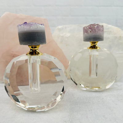 Amethyst Cluster Round Top Large Perfume Bottles displayed to show the differences in the amethyst sizes 