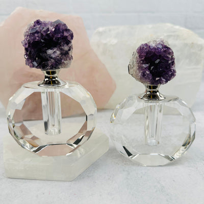 Amethyst Crystal Natural Cluster Top Medium Perfume Bottles displayed to show the differences in the crystal clusters 