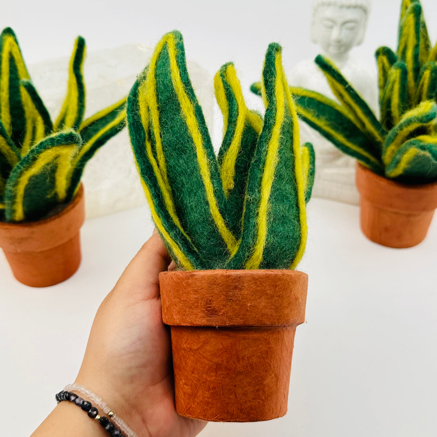 handmade felt plant in hand for size reference 