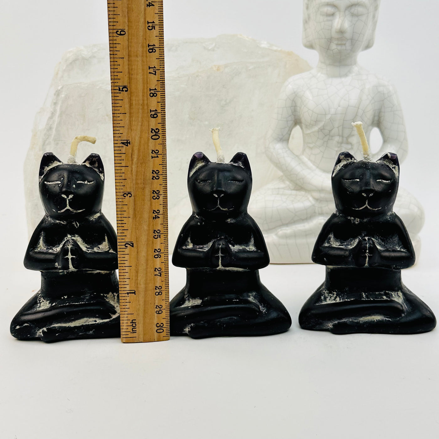 nirvana cat candles next to a ruler for size reference 