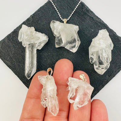 Crystal Quartz Cluster Pendant Charm - Silver Bail in hand for size reference 