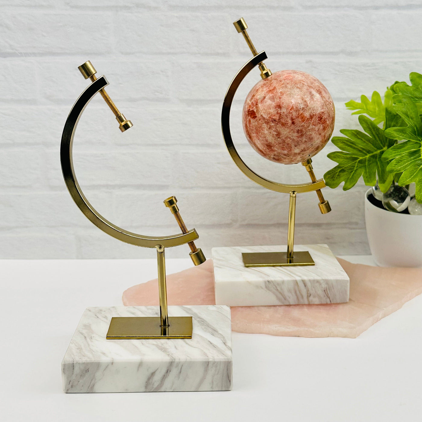 Sphere Holder with Caliper on White Marble Base - Stone Crystal Display