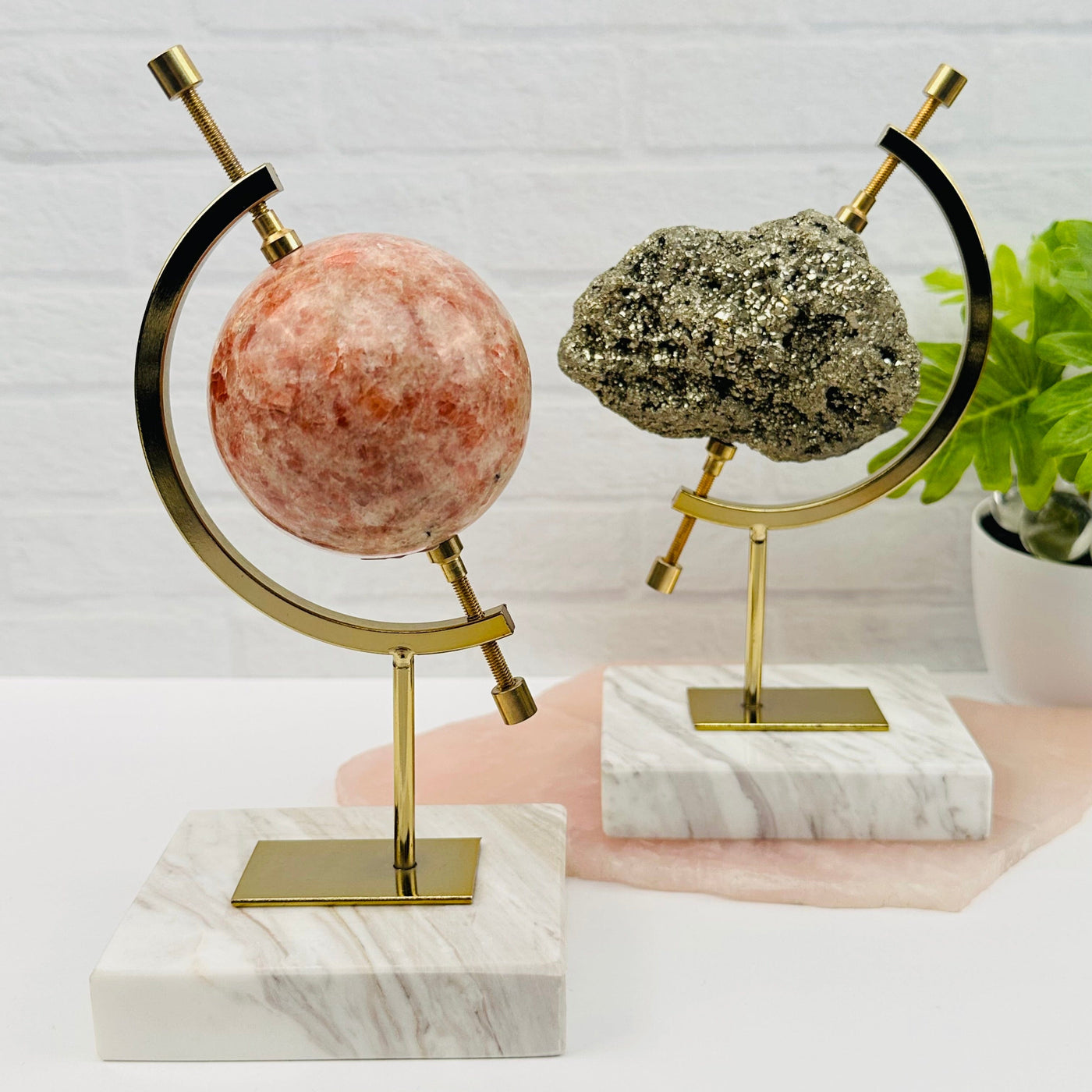 Sphere Holder with Caliper on White Marble Base - Stone Crystal Displayed as home decor 