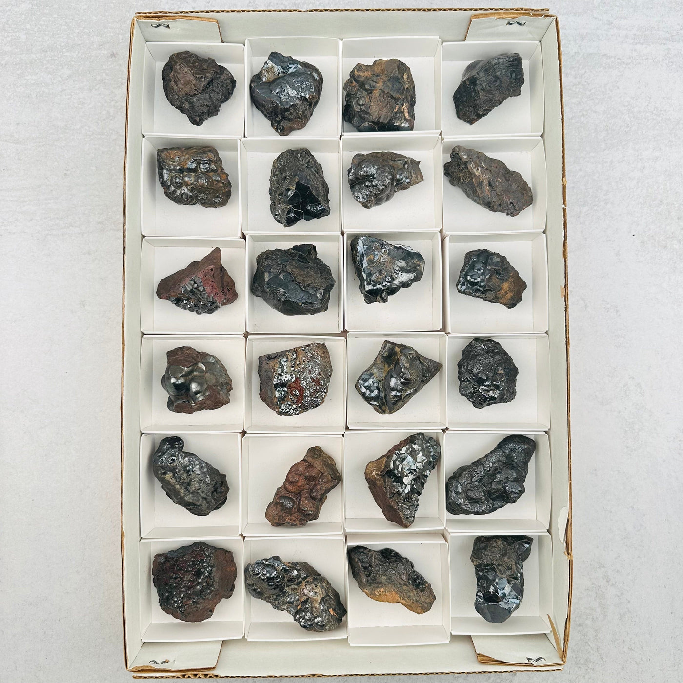 multiple hematite specimens displayed to show the differences in the sizes available 