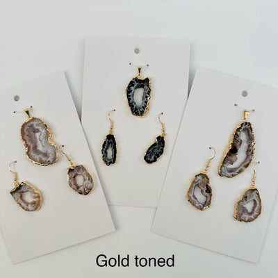 agate slice earrings and necklace sets in electroplated gold