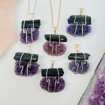 amethyst and black tourmaline wire wrapped pendants