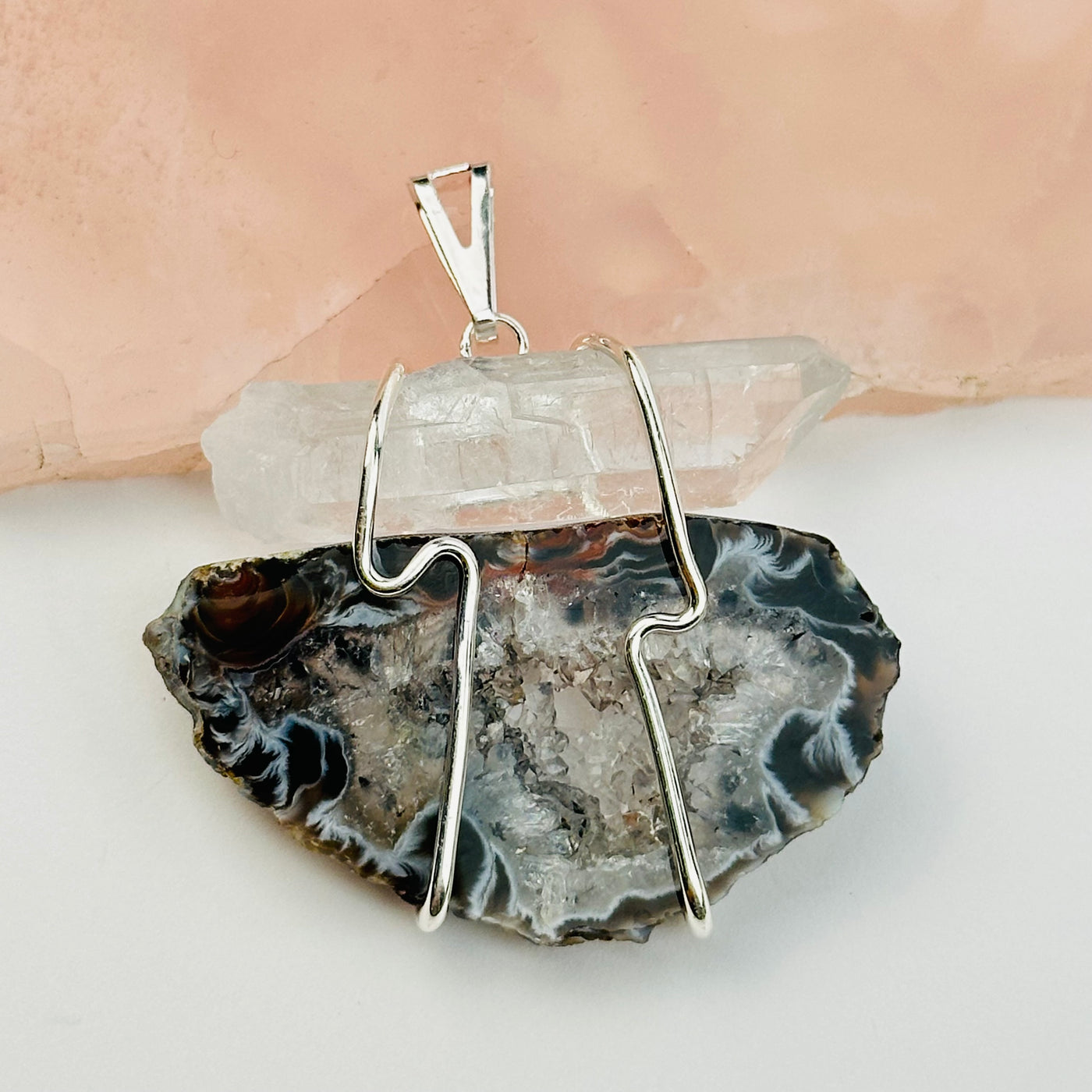 Crystal Quartz and Oco Agate Slice Wired Wrapped Pendant