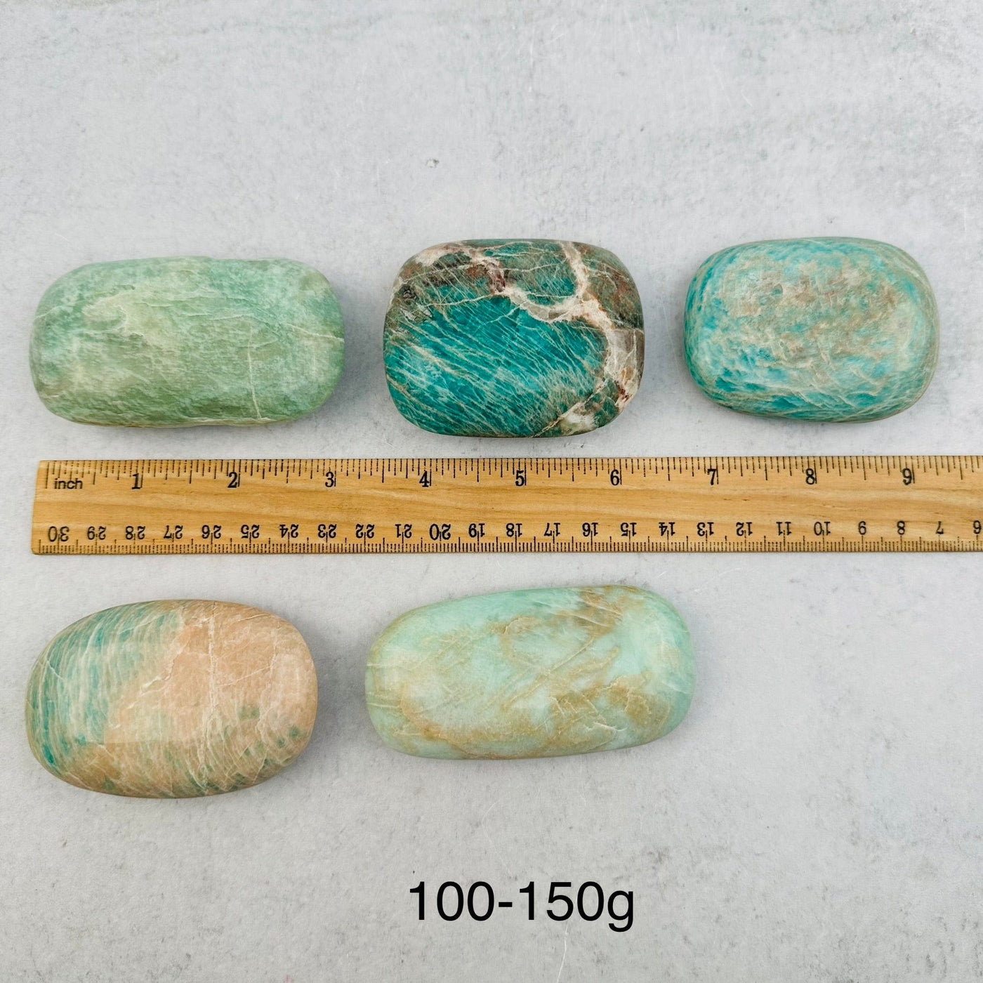 Amazonite Palm Pocket Stone - You Choose Weight - next to a ruler for size reference  