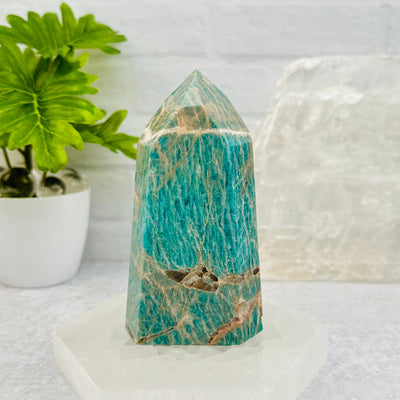 Amazonite Crystal Polished Tower Obelisk Point displayed as home decor
