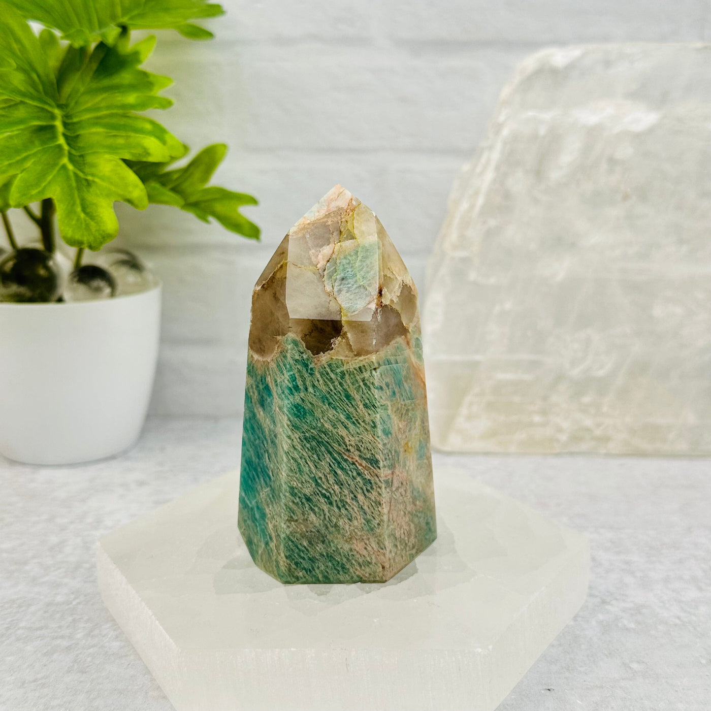 Amazonite Crystal Polished Tower Obelisk Point displayed as home decor
