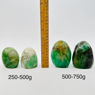 fluorite crystal cut base sold by weight - next to a ruler for size reference 
